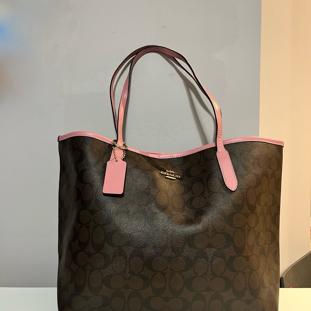 Coach City Tote in Brown and True Pink.